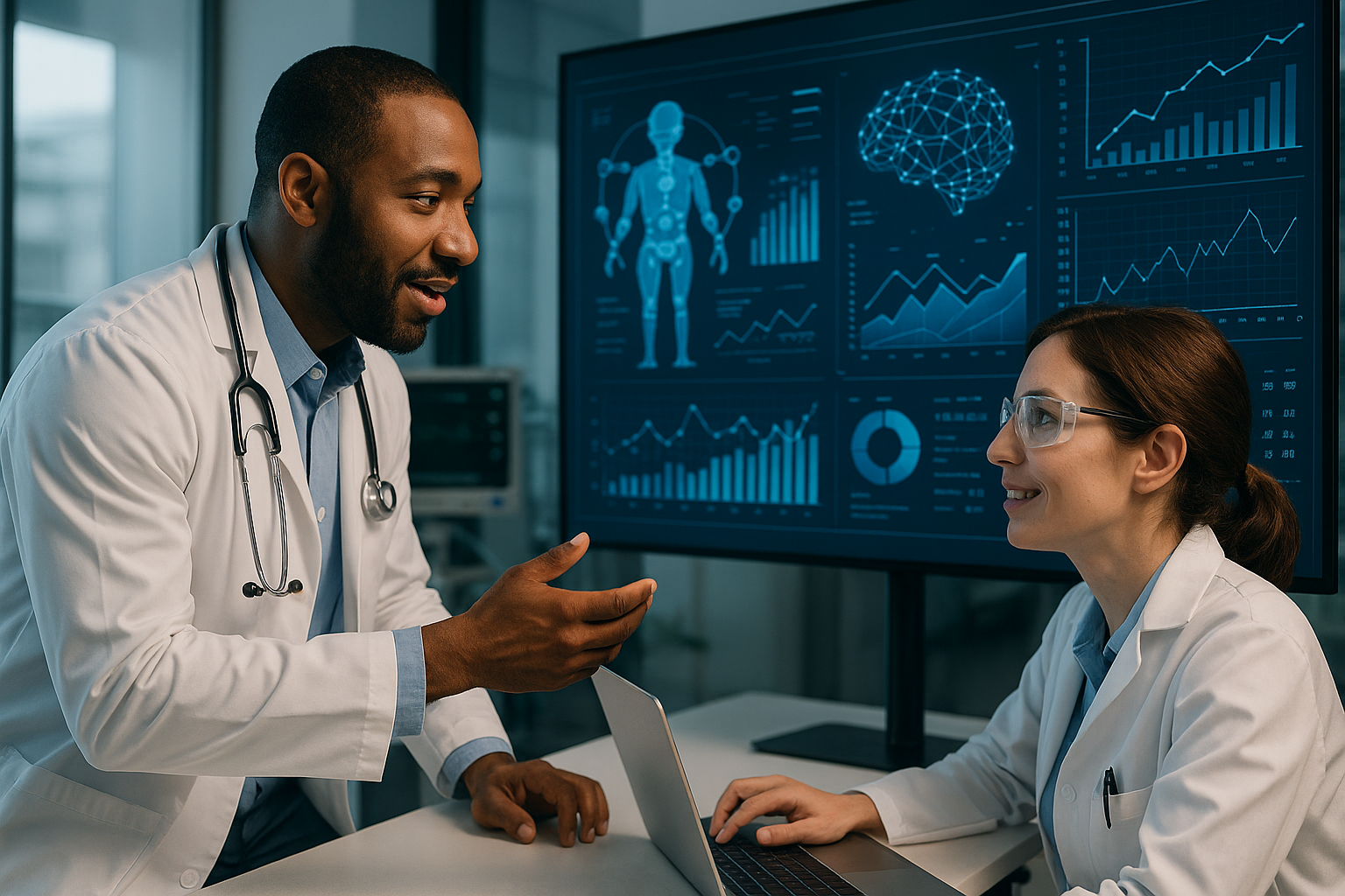 Doctor with patient looking at medical data